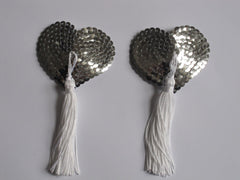 Ophelia Fancy Heart Sequinned Silver & White Nipple Tassels